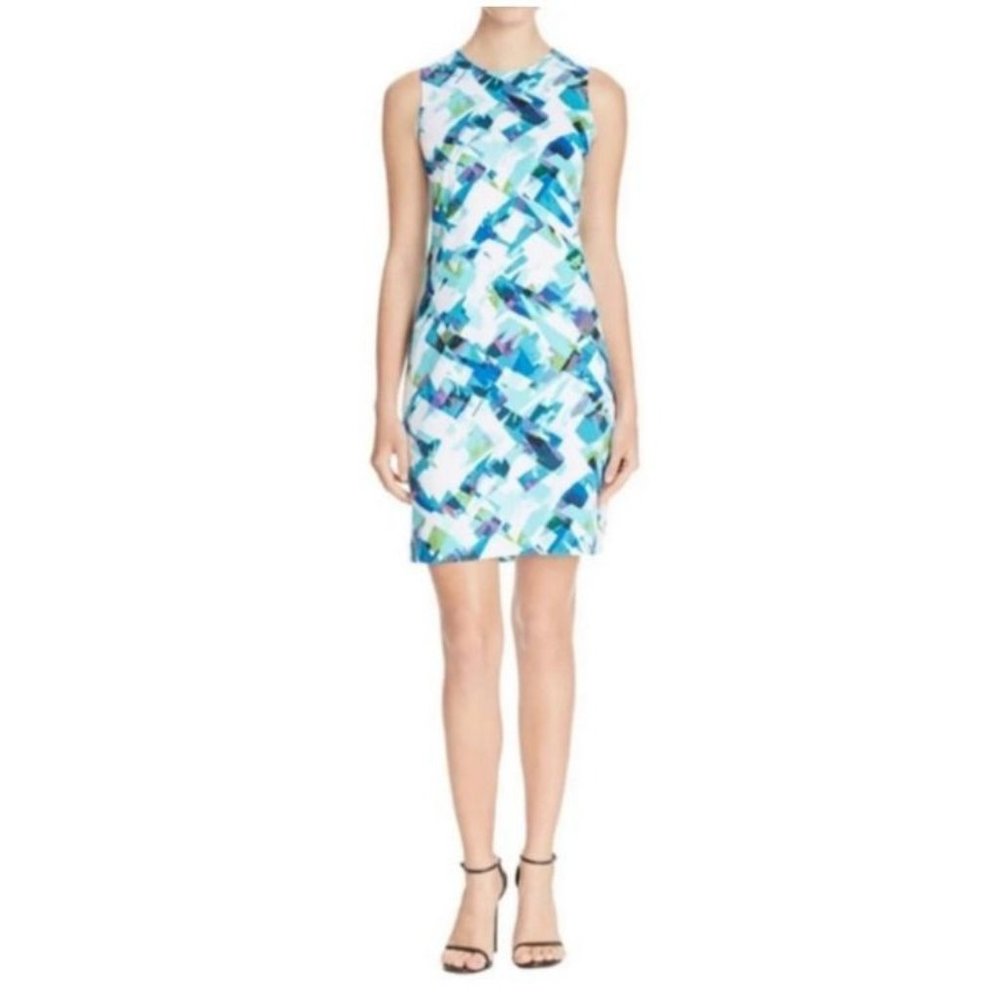Calvin Klein Dress 14W Blue White Green Purple Washable Career Church NEW NWOT